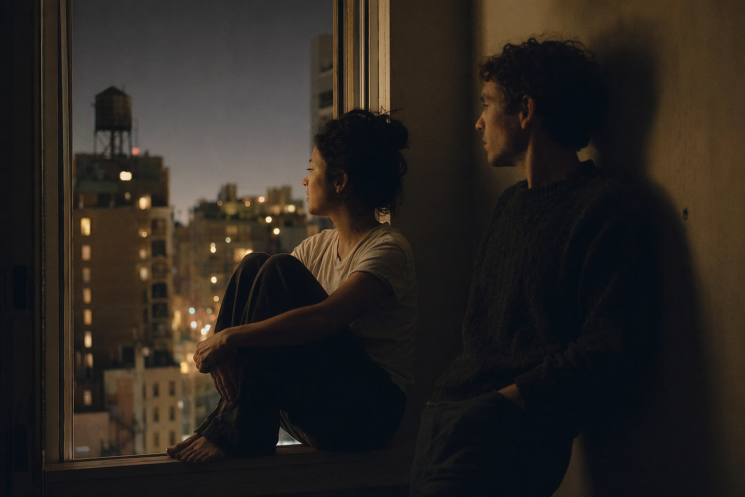 Two people deep in conversation at a coffee shop late at night, leaning toward each other over the table