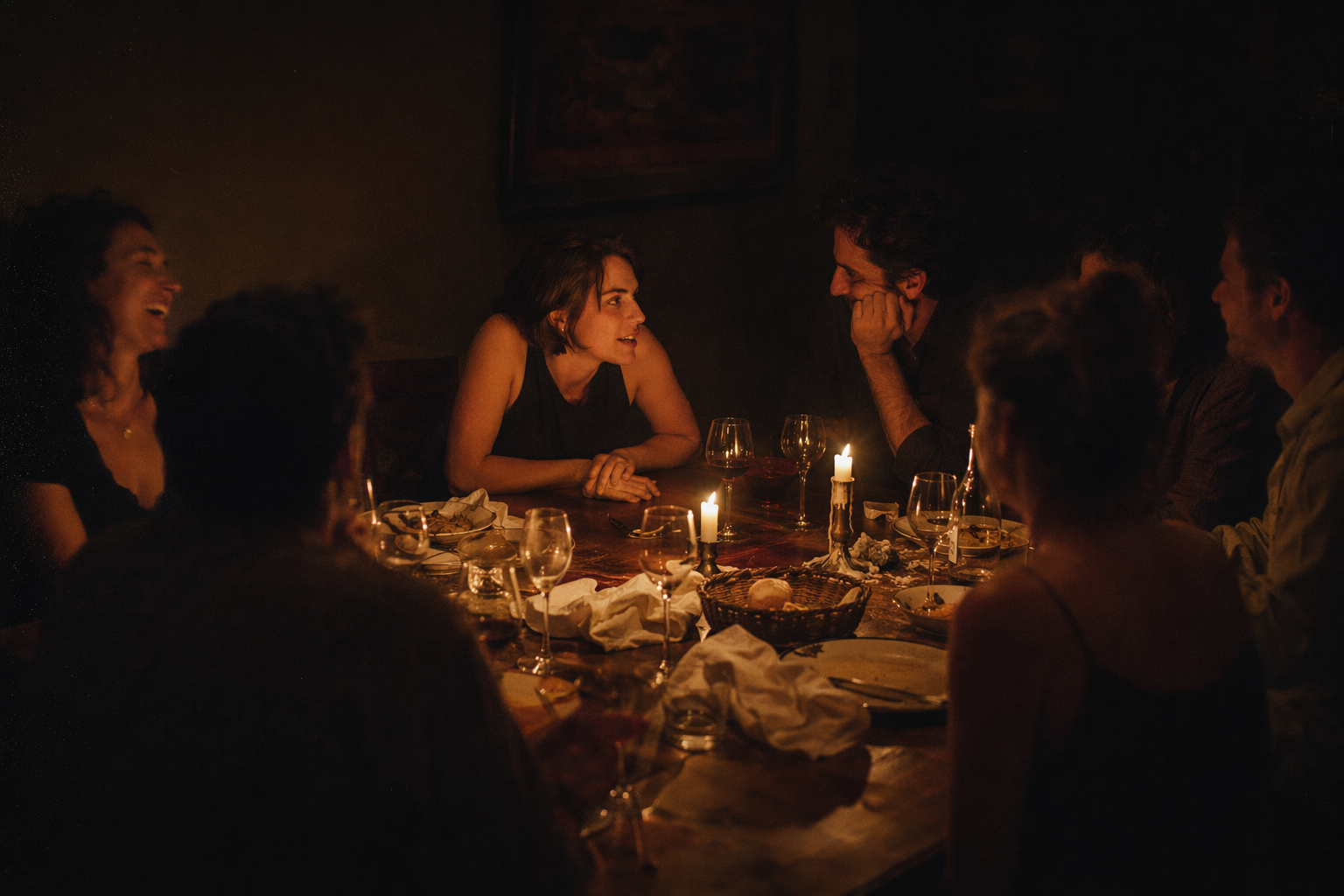 Eight people around a candlelit dinner table, mid-conversation, animated and leaning in
