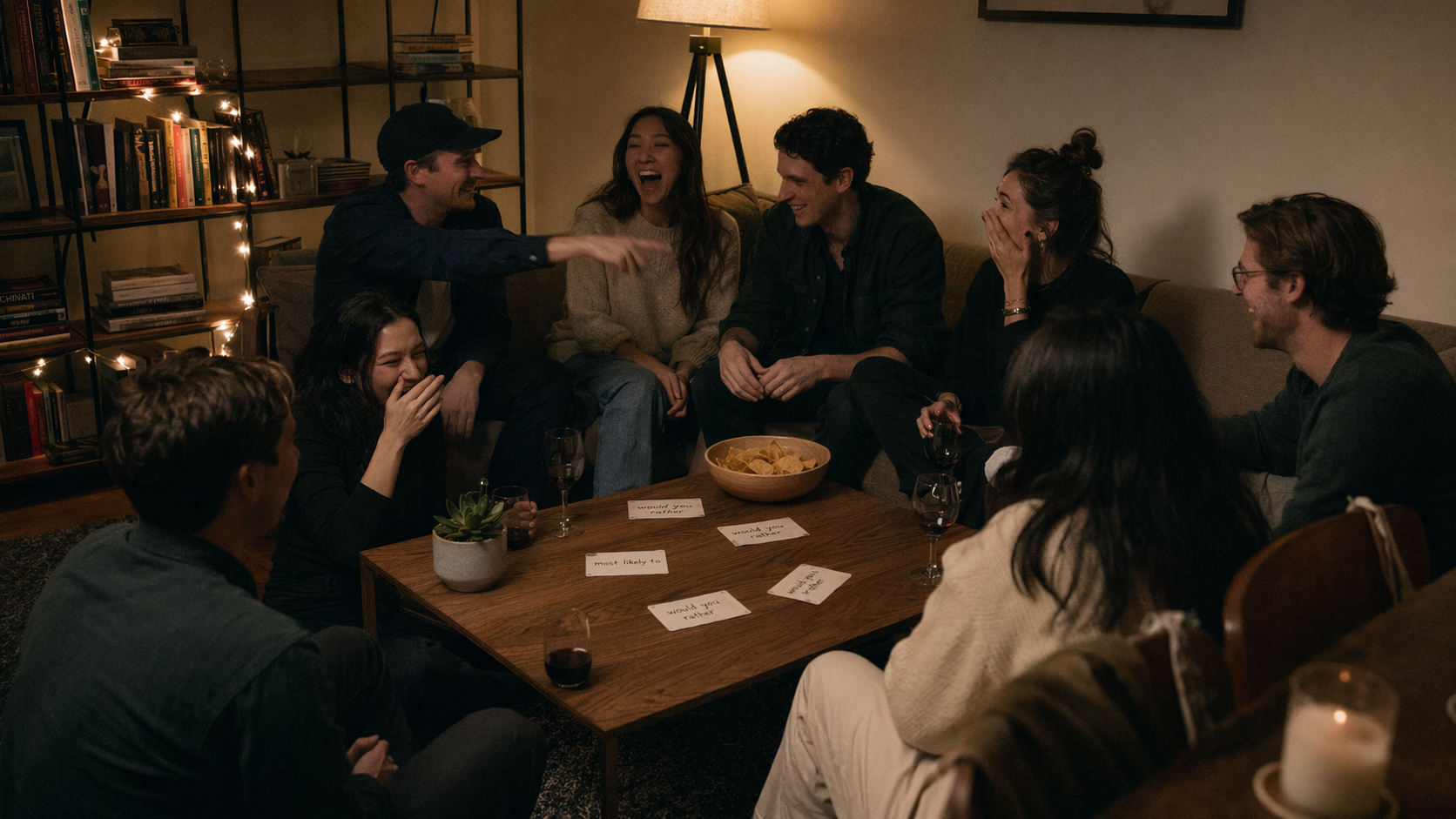 A crowded apartment party with a group gathered around a low table, laughing mid-game