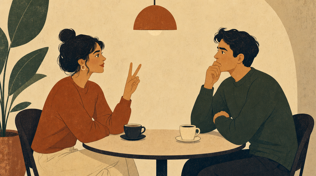 Two people at a café table leaning into conversation, drinks in hand