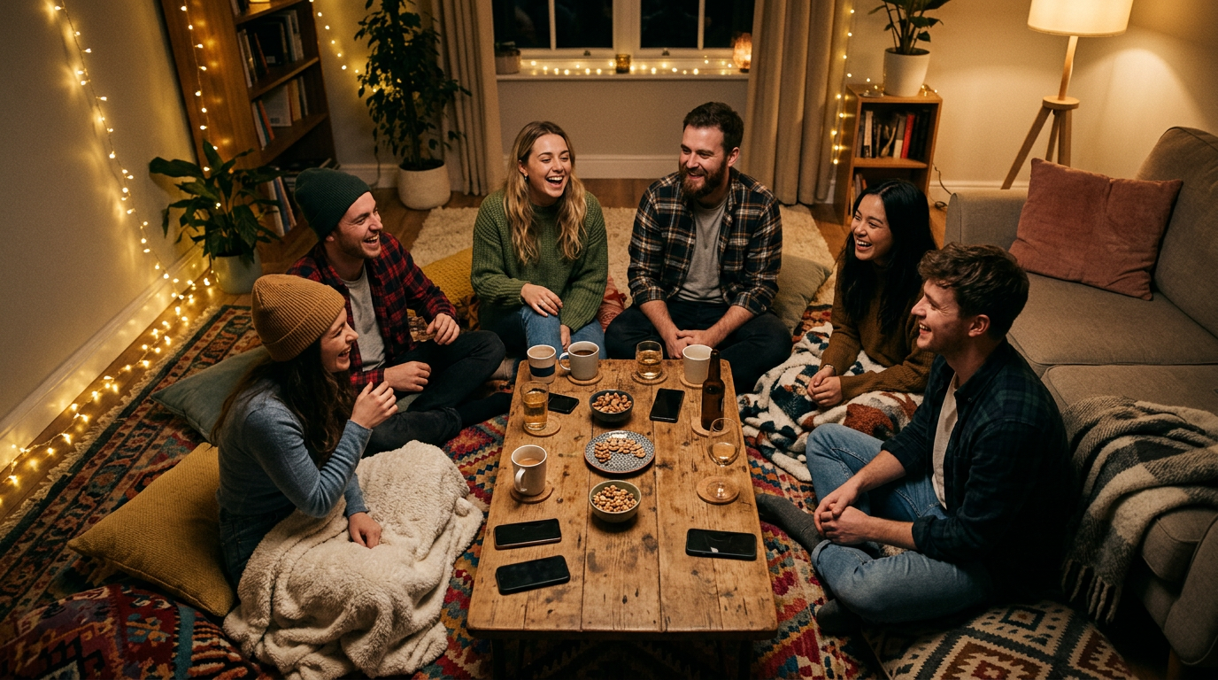 A group of friends gathered around a low table at night, mid-laughter during a game
